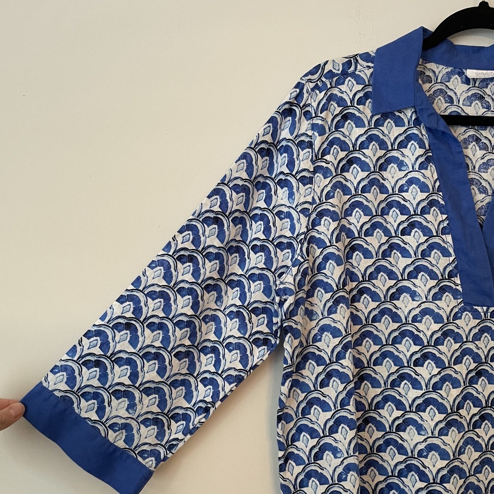 Sigrid Olsen Linen Patterned Tunic Top Blue L Resort Beach Coastal Sustainable - Picture 6 of 10